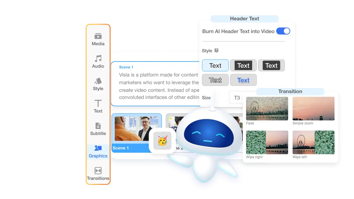 Audio to video editing features allow scene-based edits including visuals, text, animations, and branding updates.